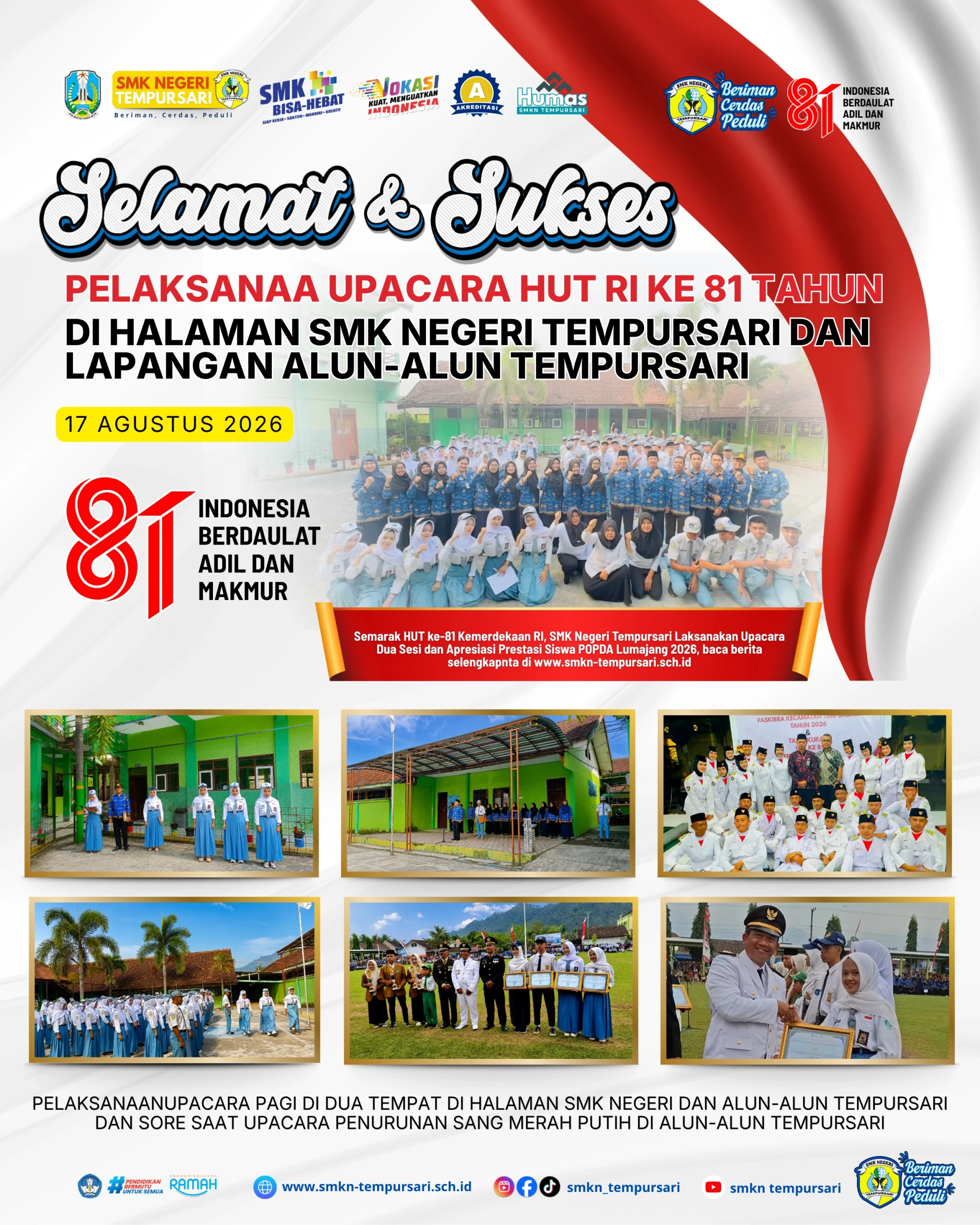 Semarak HUT ke-81 Kemerdekaan RI, SMK Negeri Tempursari Laksanakan Upacara Dua Sesi dan Apresiasi Prestasi Siswa POPDA Lumajang 2026